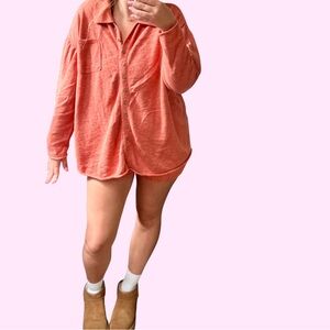 Free People Beach Orange/Pink Oversized Button Up and Short Matching Set Size M